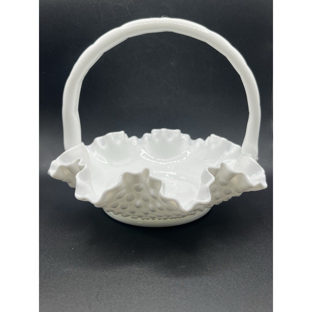 Fenton White Hobnail‎ Glass Basket w/ Handle - 7" x 7" Vintage Milk Glass
